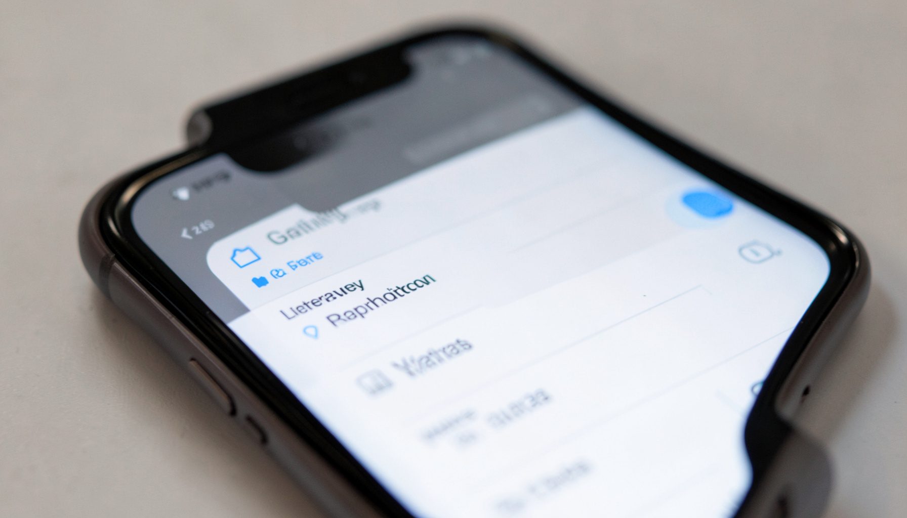 Close-up of a smartphone screen displaying a settings menu, neutral gray and white tones with subtle blue accents