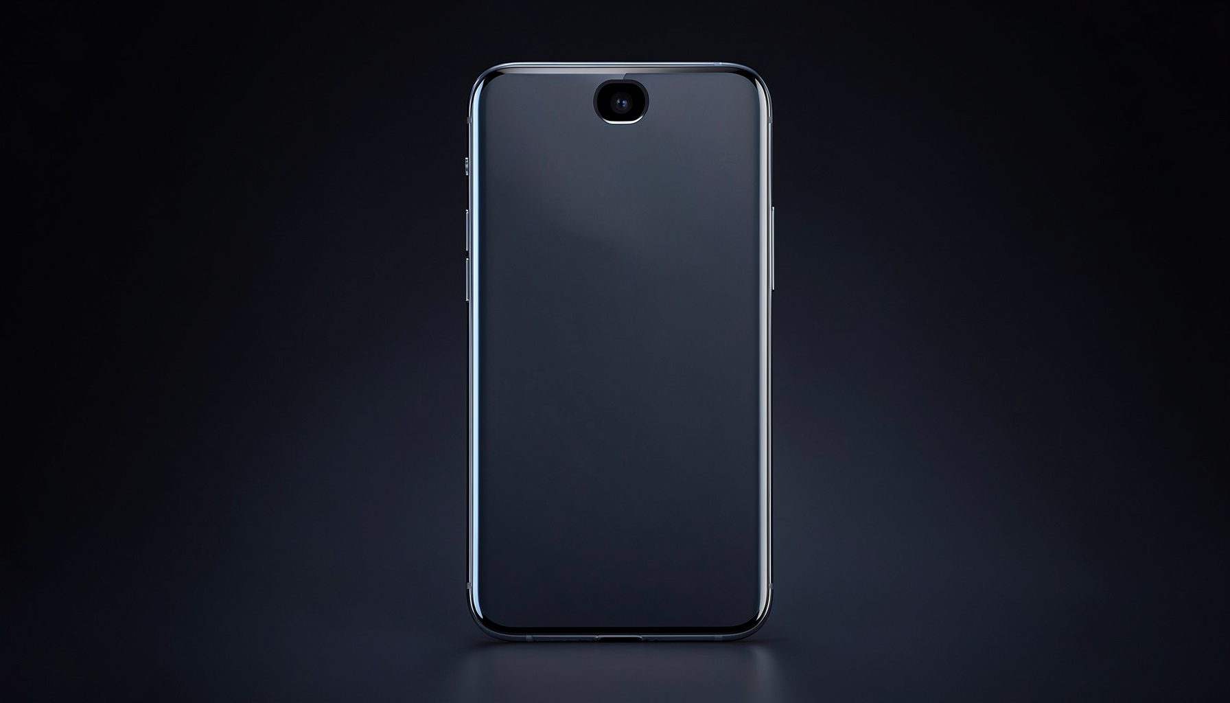 Smartphone with a display notch at the top, sleek glass back, shown against a dark gradient backdrop