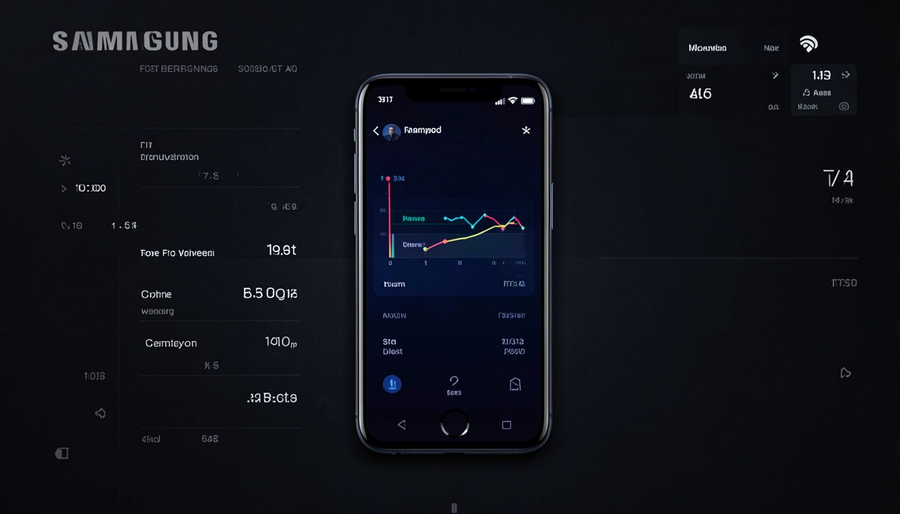 Samsung smartphone on a benchmarking screen, dark theme with technical readouts in white text