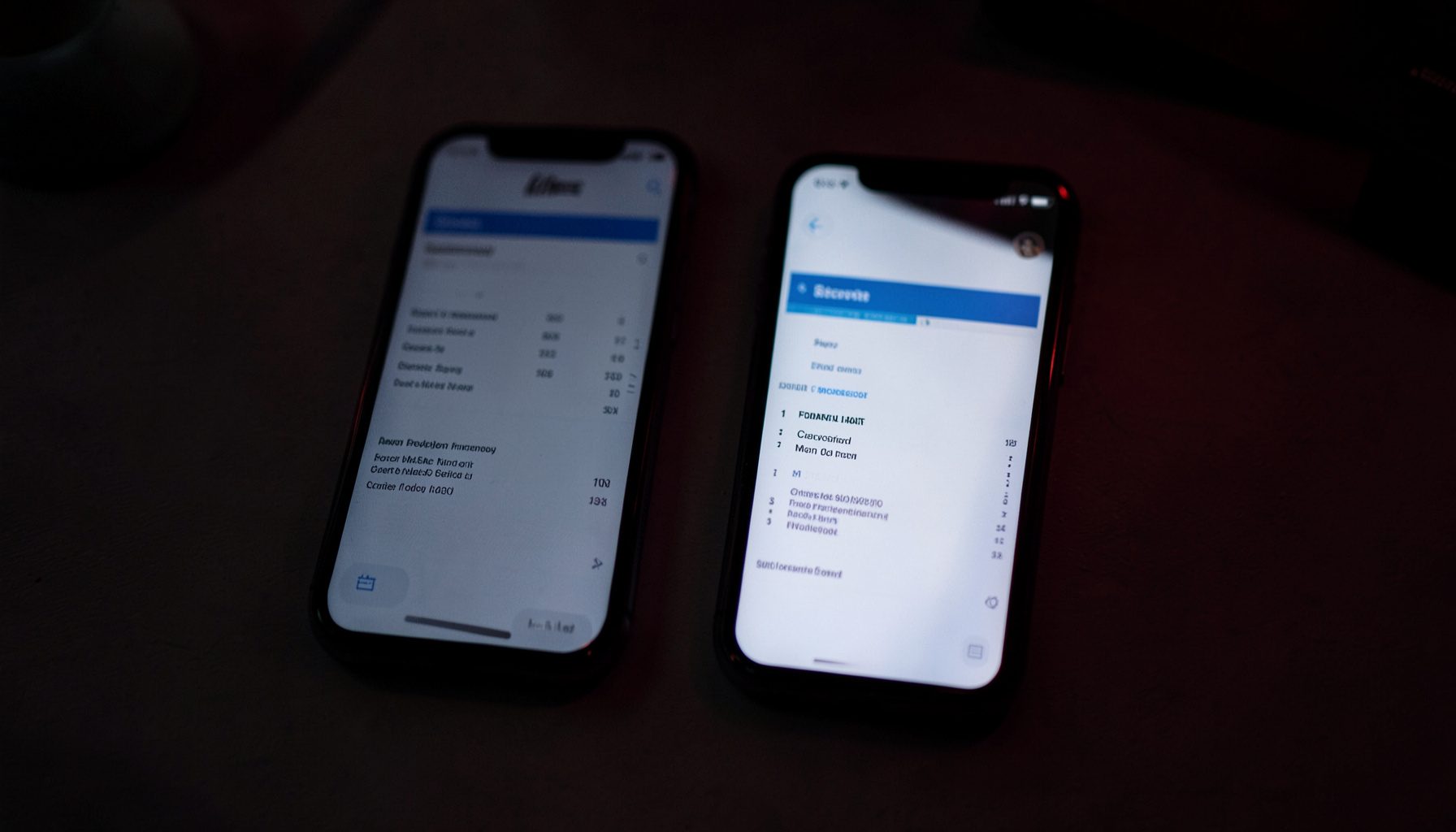 Two smartphones side by side on a desk, one showing a spec sheet, moody dark lighting with subtle red glow