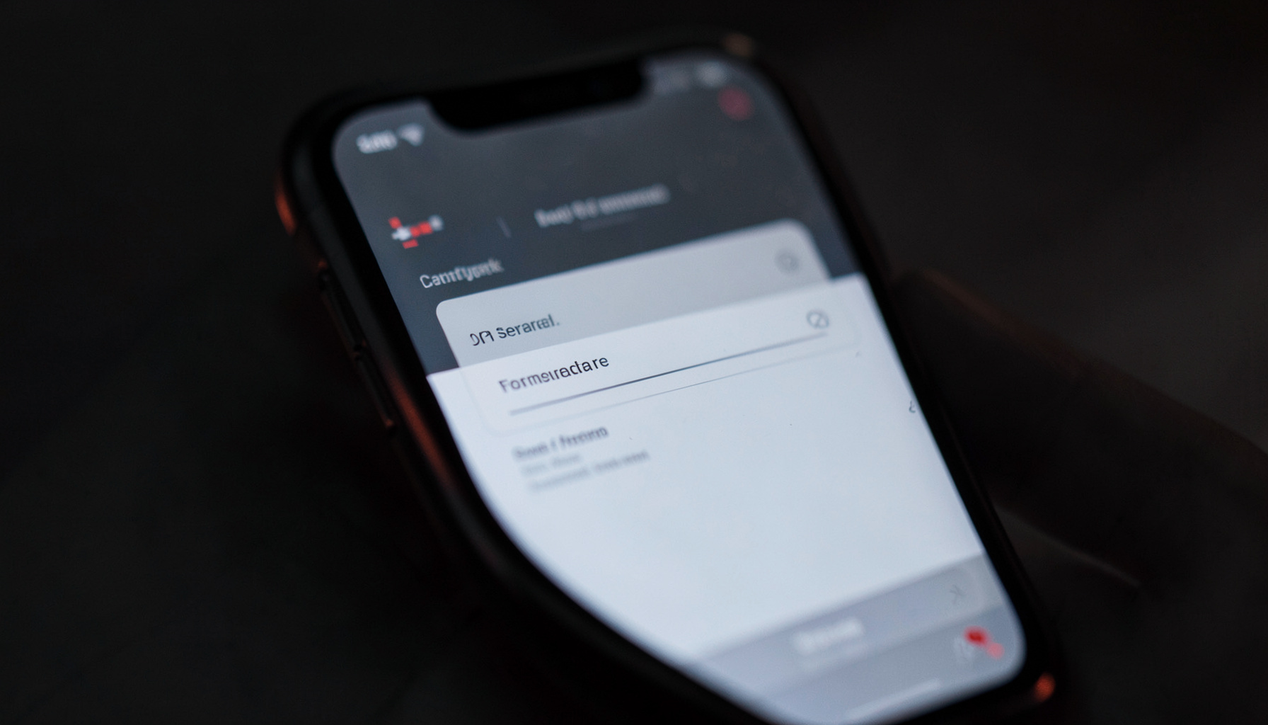 Close-up of a smartphone screen displaying a contact form, dark tones with subtle red accents